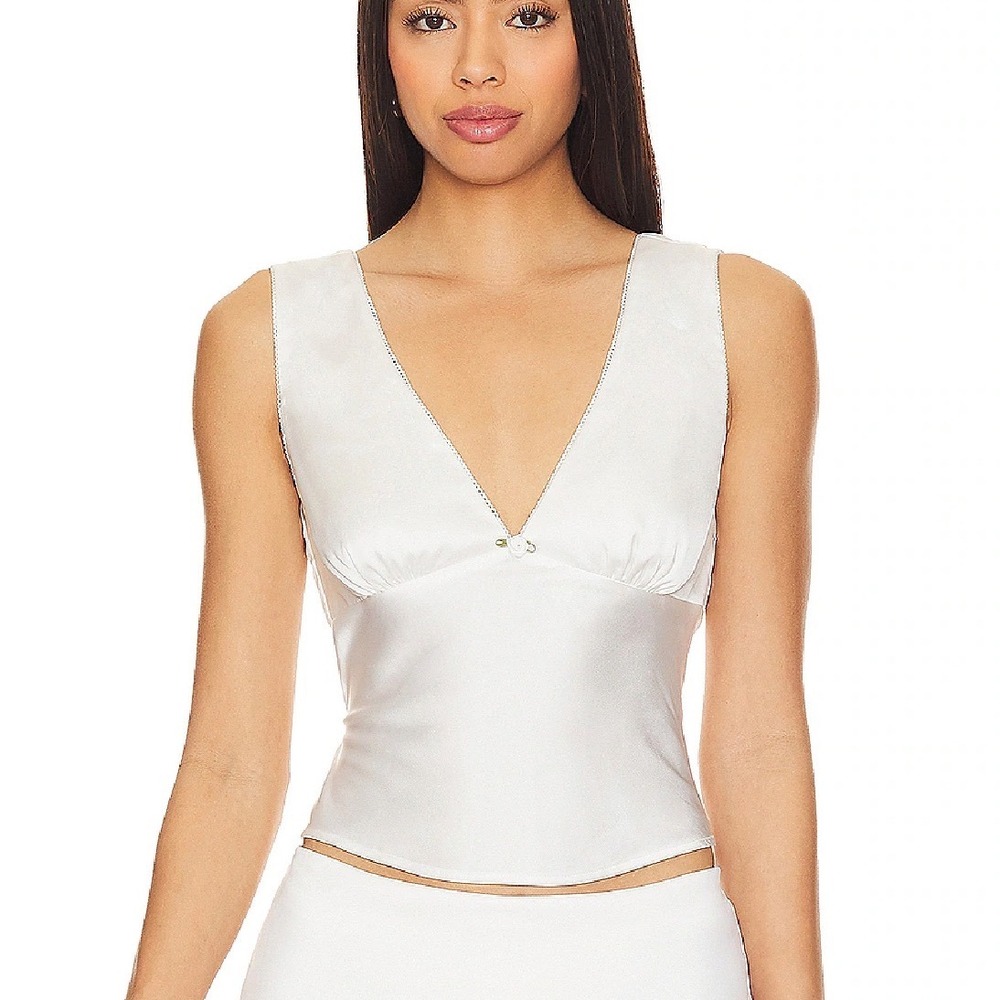 NIA Satin Lace Trim Pleated Tank Top Champagne Small New Without Tags
